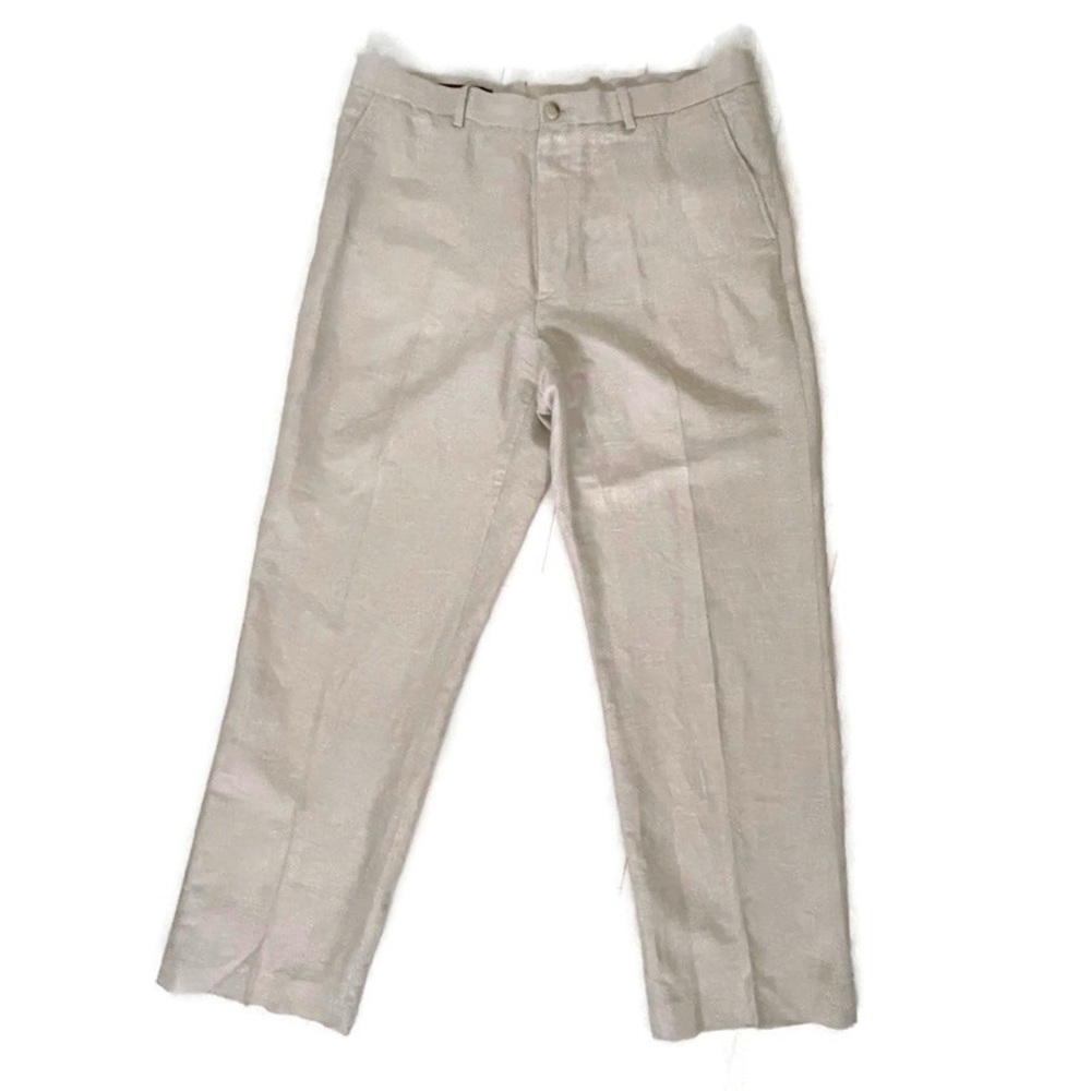 Linen-Blend Classic Fit Trouser Pants size 36/32 Cream Herringbone Neutral Chic